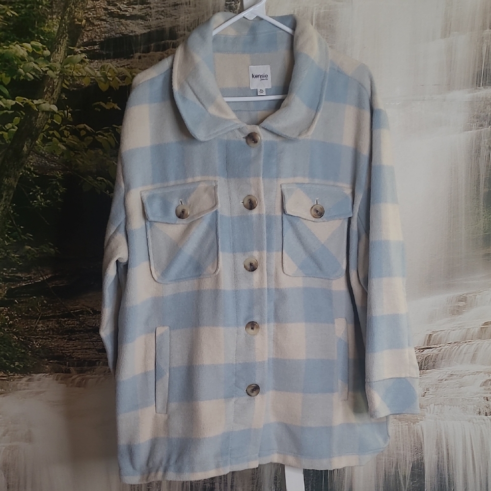 Kensie Jeans Womens XL Blue Cream Plaid Button Up Sweater Jacket